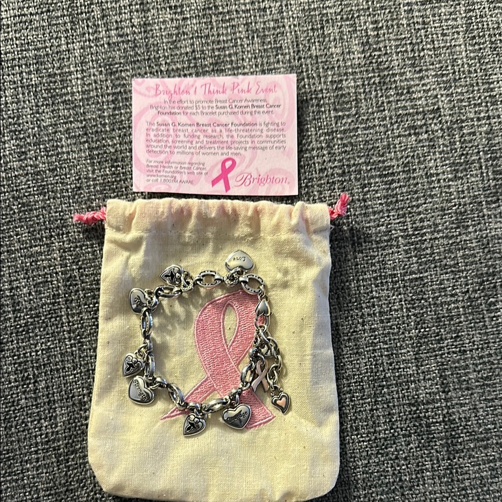 Brighton Pink Breast Cancer Silver Heart Charm Bracelet